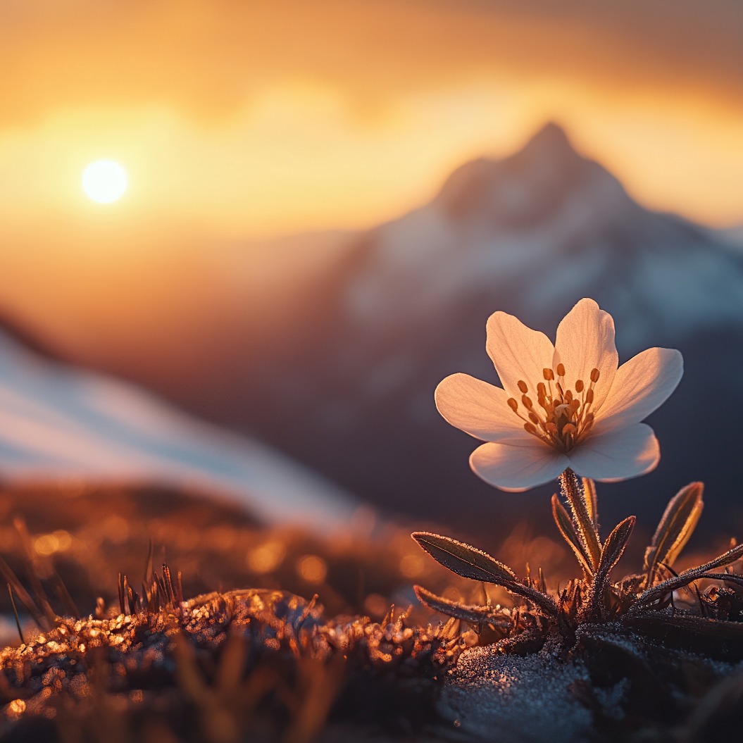 Einzelne Blume in Berglandschaft bei Sonnenuntergang, Hoffnung, Widerstandskraft und Neuanfänge