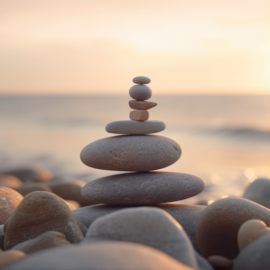 balance stack of zen stones on beach during an emotional and peaceful sunset, golden hour on the beach