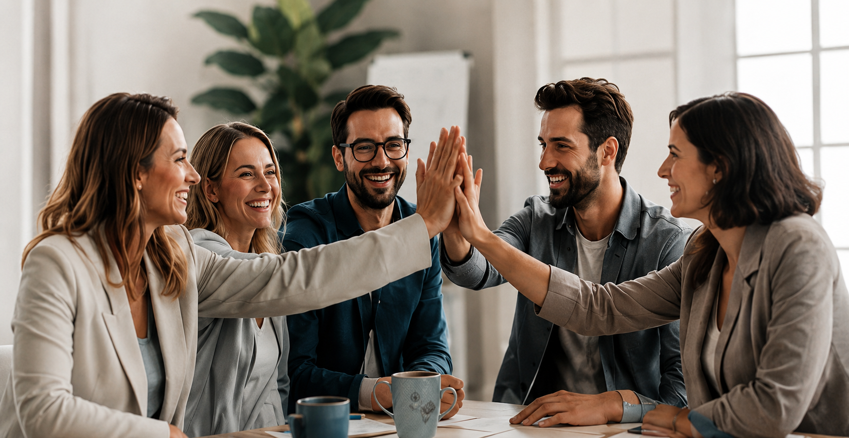 Fuenf laechelnde Kollegen geben sich am Tisch freudig ein High Five